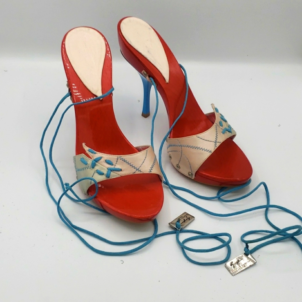 Giuseppe Zanotti size 39 color red baby pink and aqua blue satin 100% AUTHENTIC